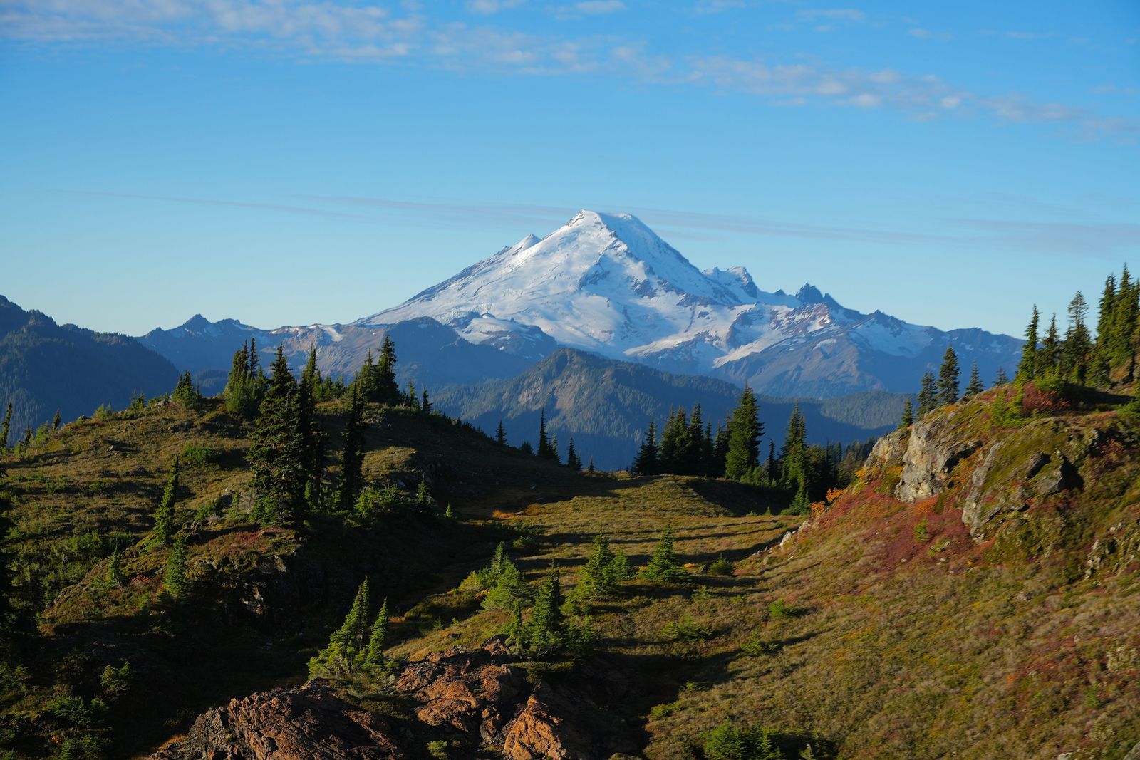 Mount Baker beyond rocky meadows with fall colors, Yellow Aster Butte