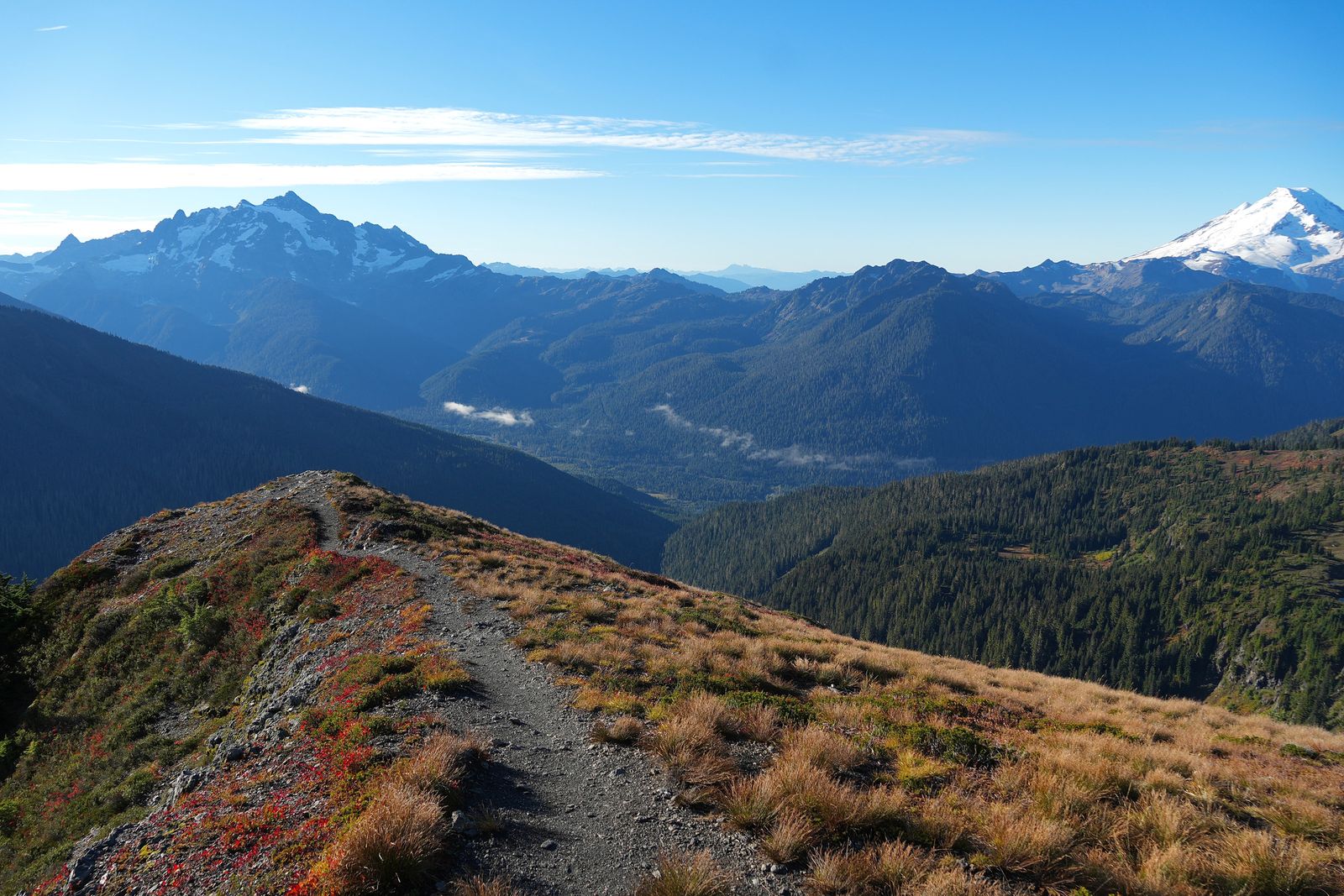 Mount Baker beyond a ridge trail with fall colors, Yellow Aster Butte