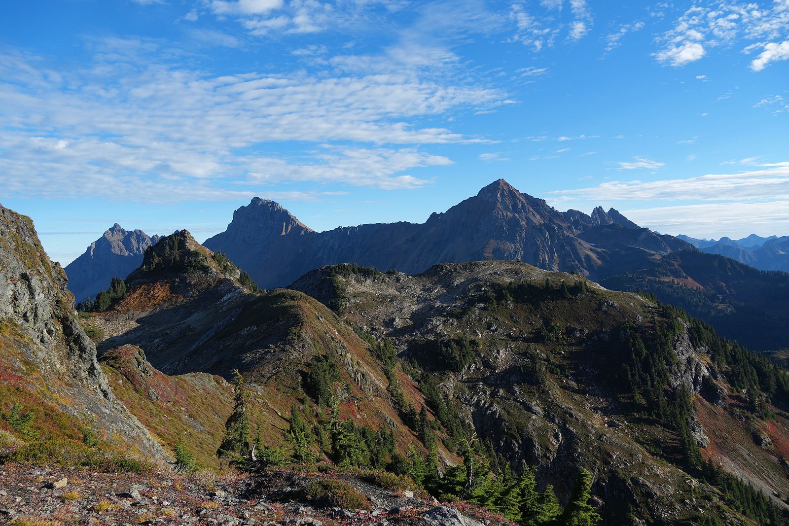 Rocky mountain ridges above scattered trees and red groundcover, Yellow Aster Butte