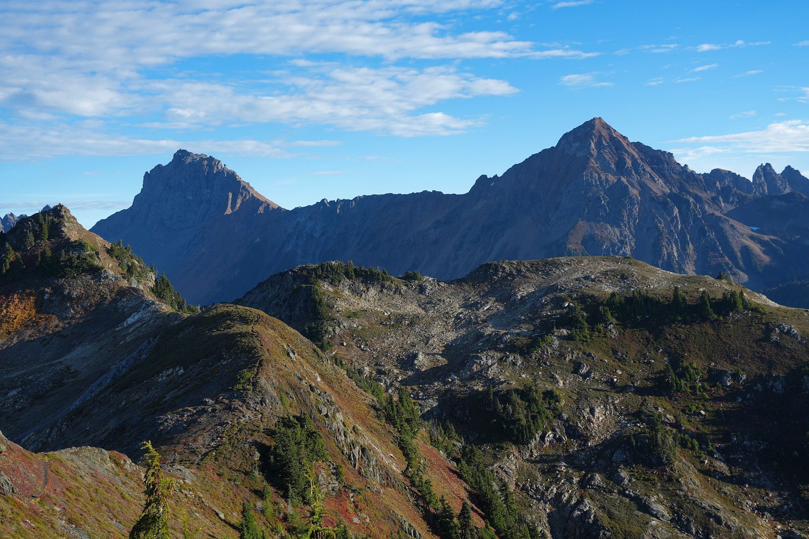 Jagged mountain peaks above rocky ridges and scattered trees, Yellow Aster Butte