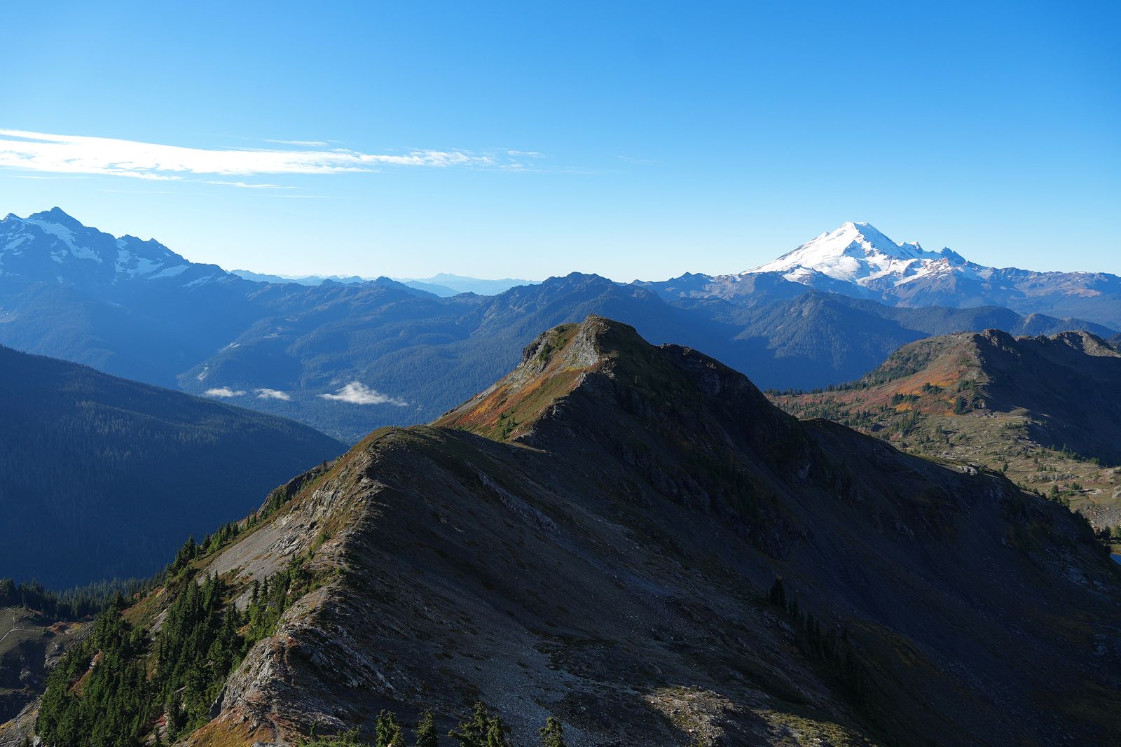 Mount Baker beyond a rocky ridge and forested valleys, Yellow Aster Butte