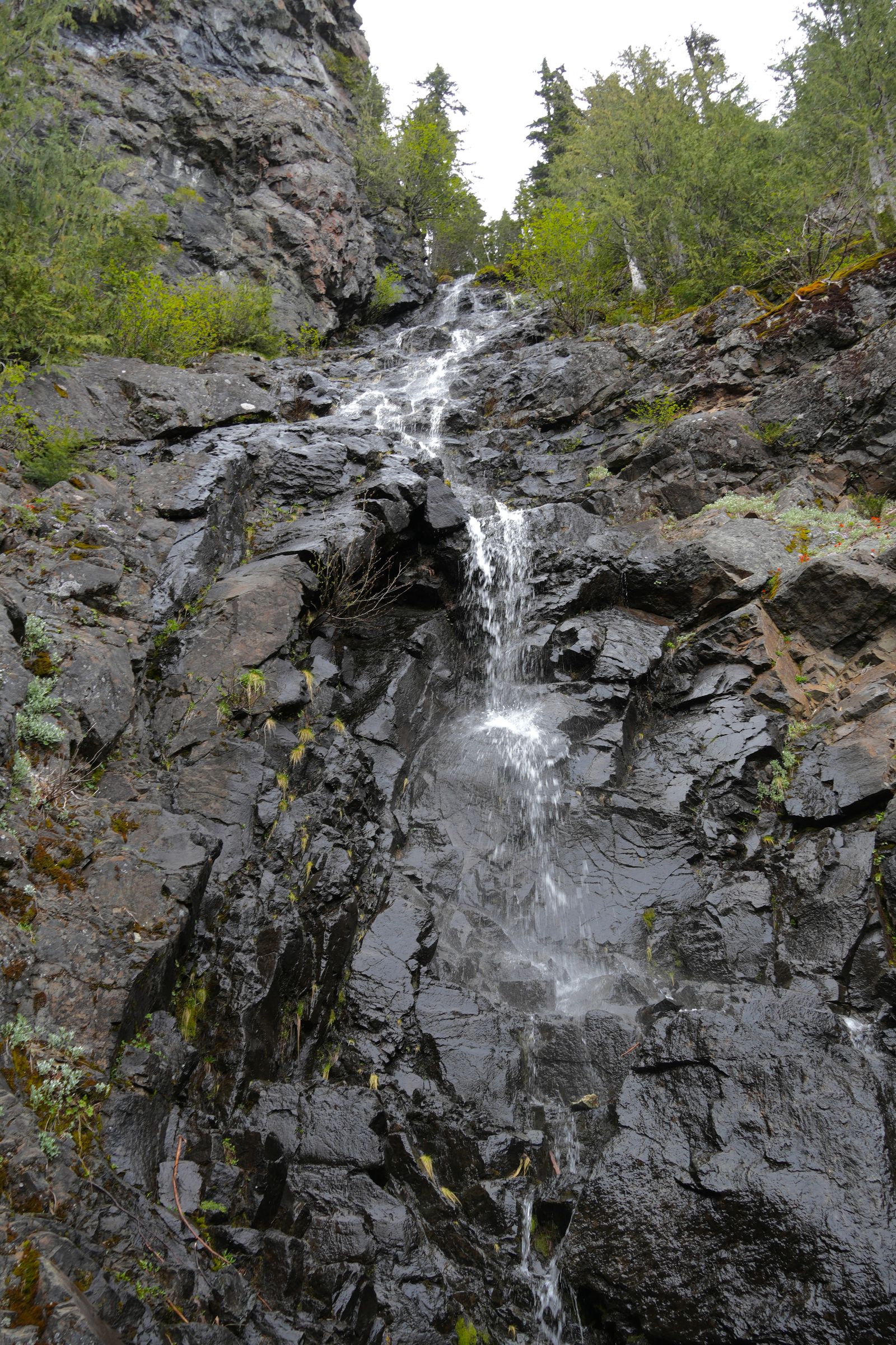 Waterfall cascading down dark rock ledges beneath trees, Ball Mountain