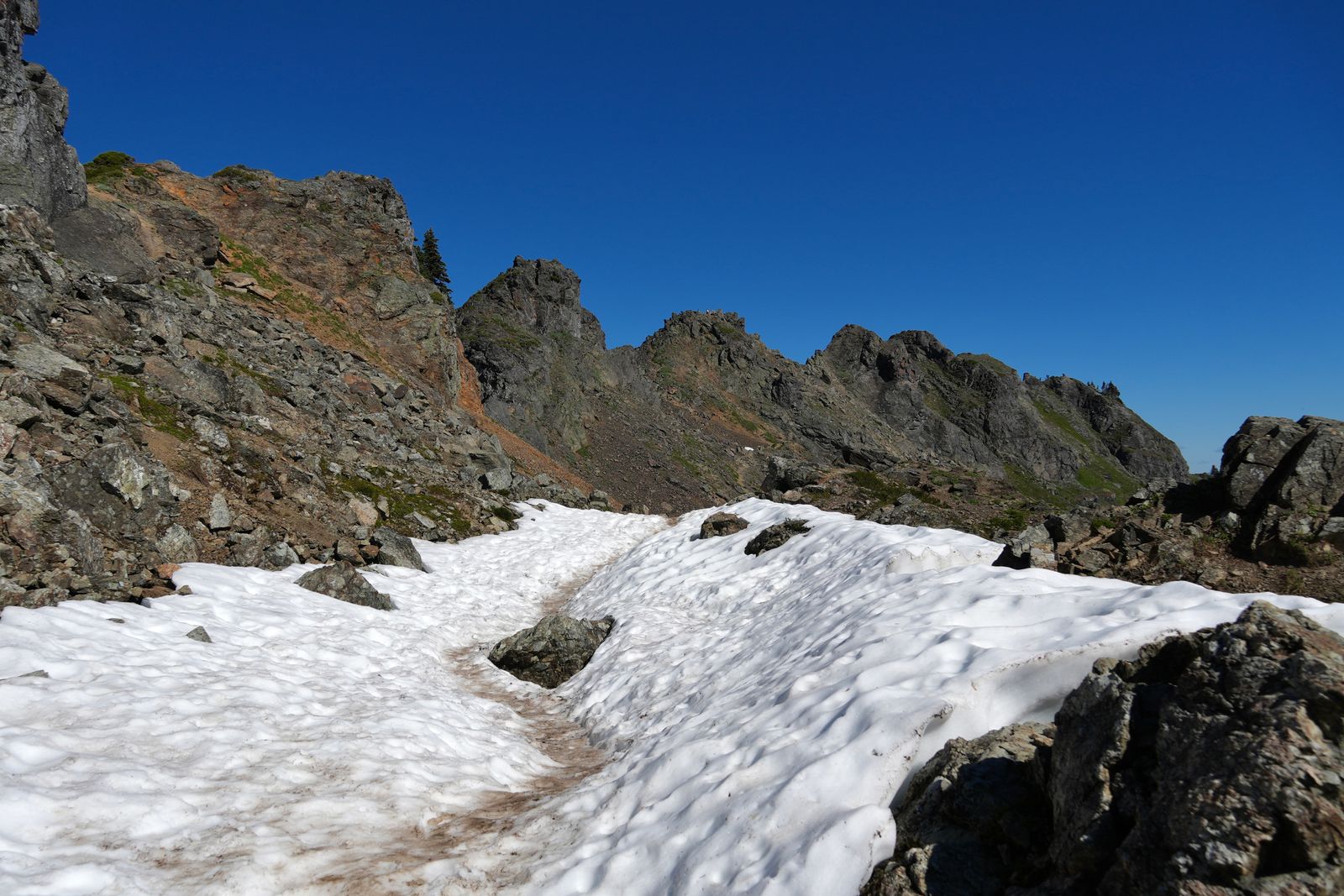 Jagged rocky ridge above snow patches and scattered rocks, Sauk Mountain