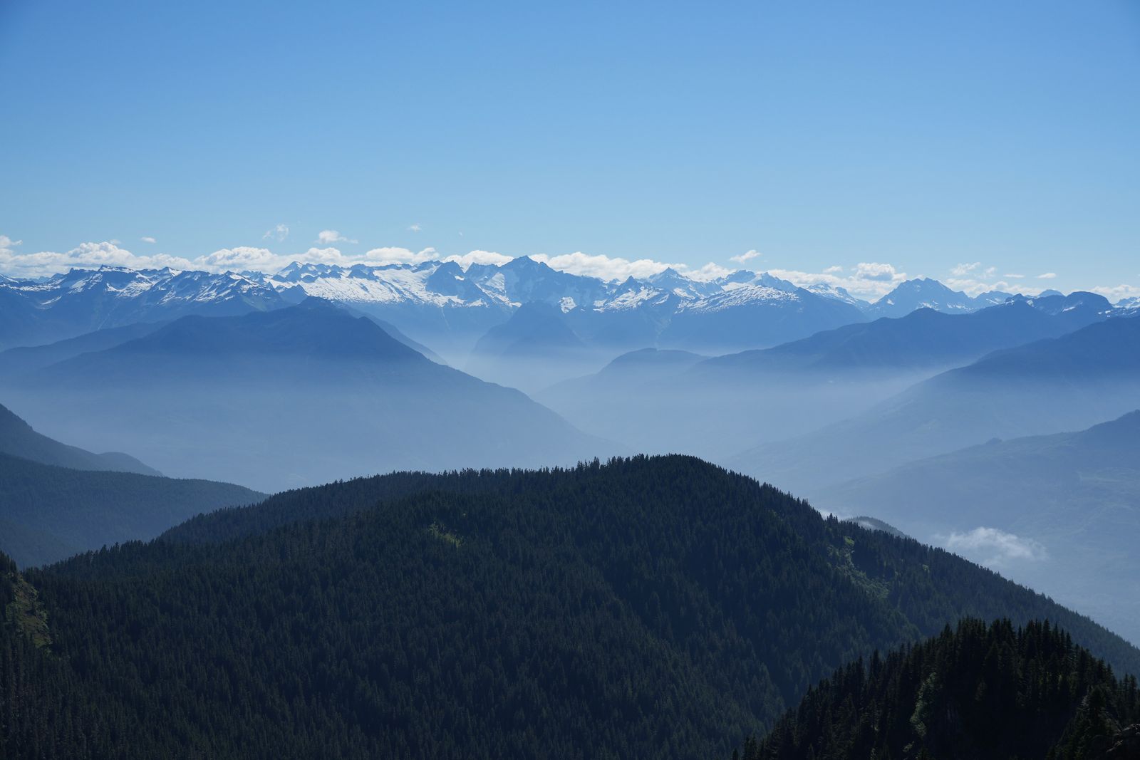 Snow-covered North Cascades peaks above hazy forested ridges, Sauk Mountain
