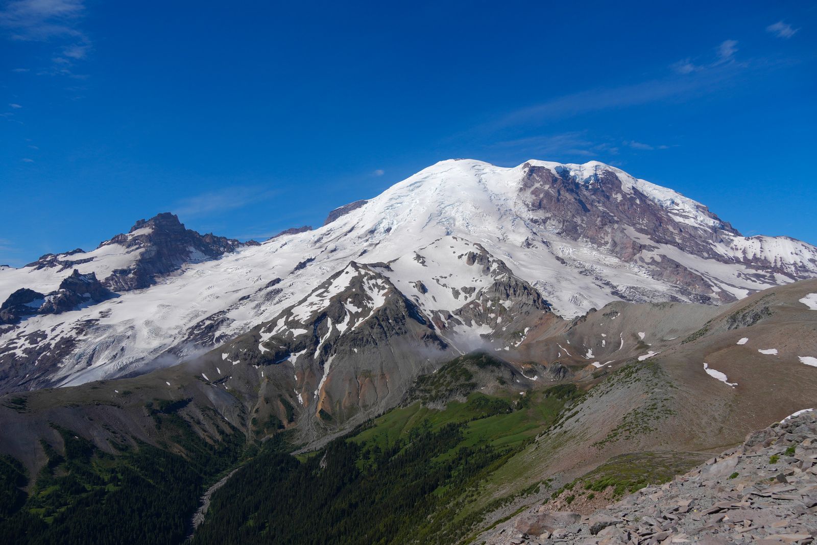 Mount Rainier above rocky slopes and a forested valley, Sunrise