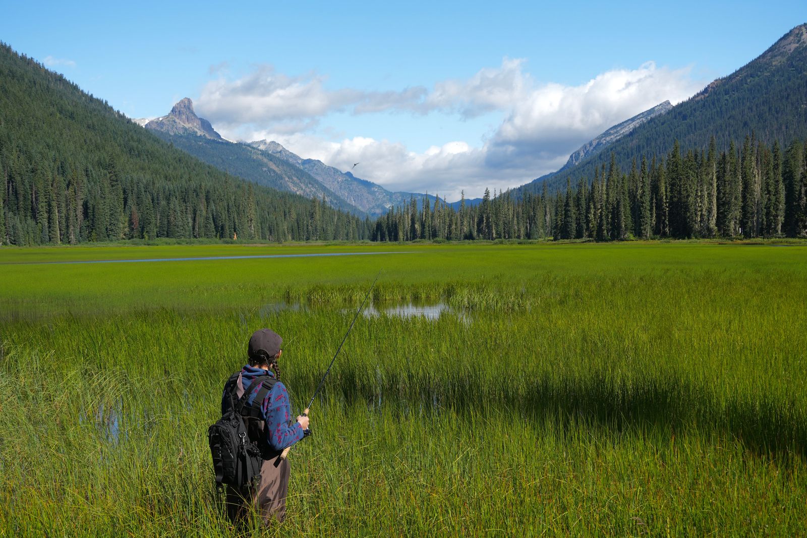 A person holding a fishing rod in a mountain wetland, Eastern Washington