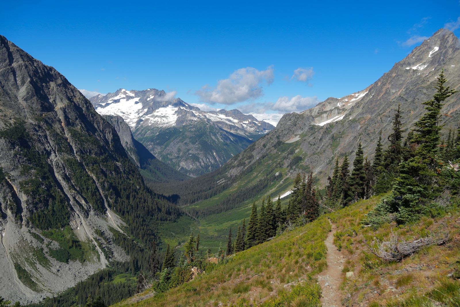 Snow-streaked North Cascades peaks above a valley and hillside trail, Washington Pass