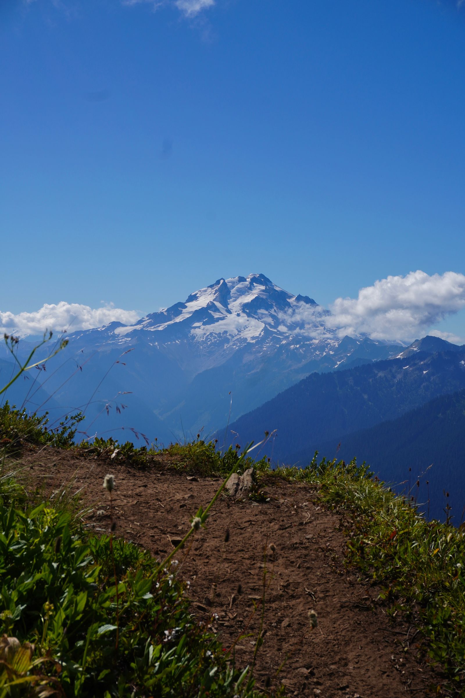 A snow-covered peak beyond a dirt trail and forested ridges, North Cascades