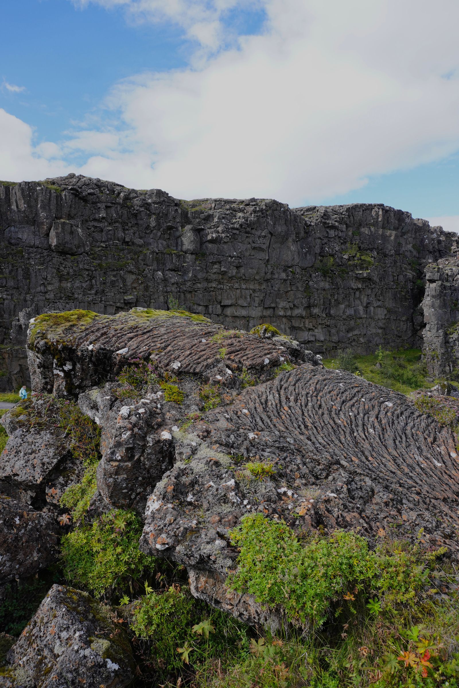 Ridged rock formations among green plants below a fractured cliff, Bláskógabyggð