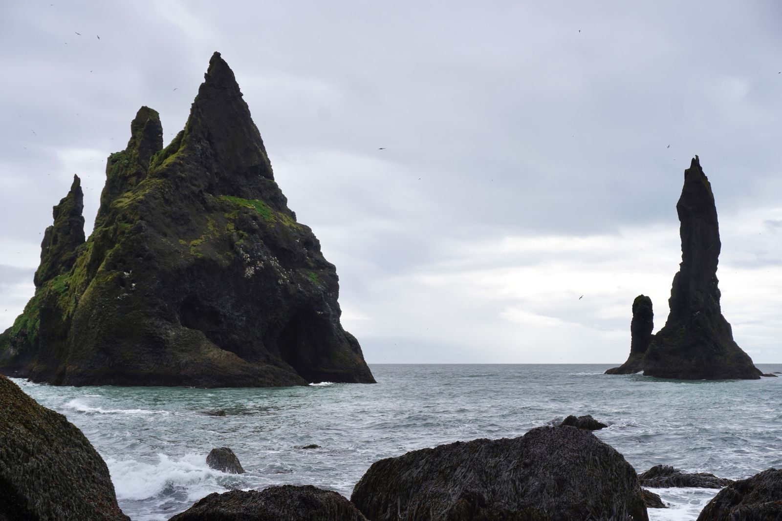 Sea stacks beyond dark rocks and breaking waves, Skogafoss