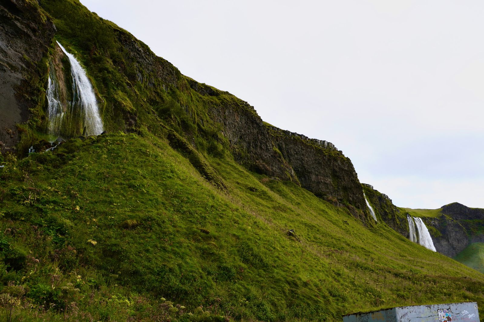 Waterfalls flowing down rocky cliffs above green slopes, Skogafoss