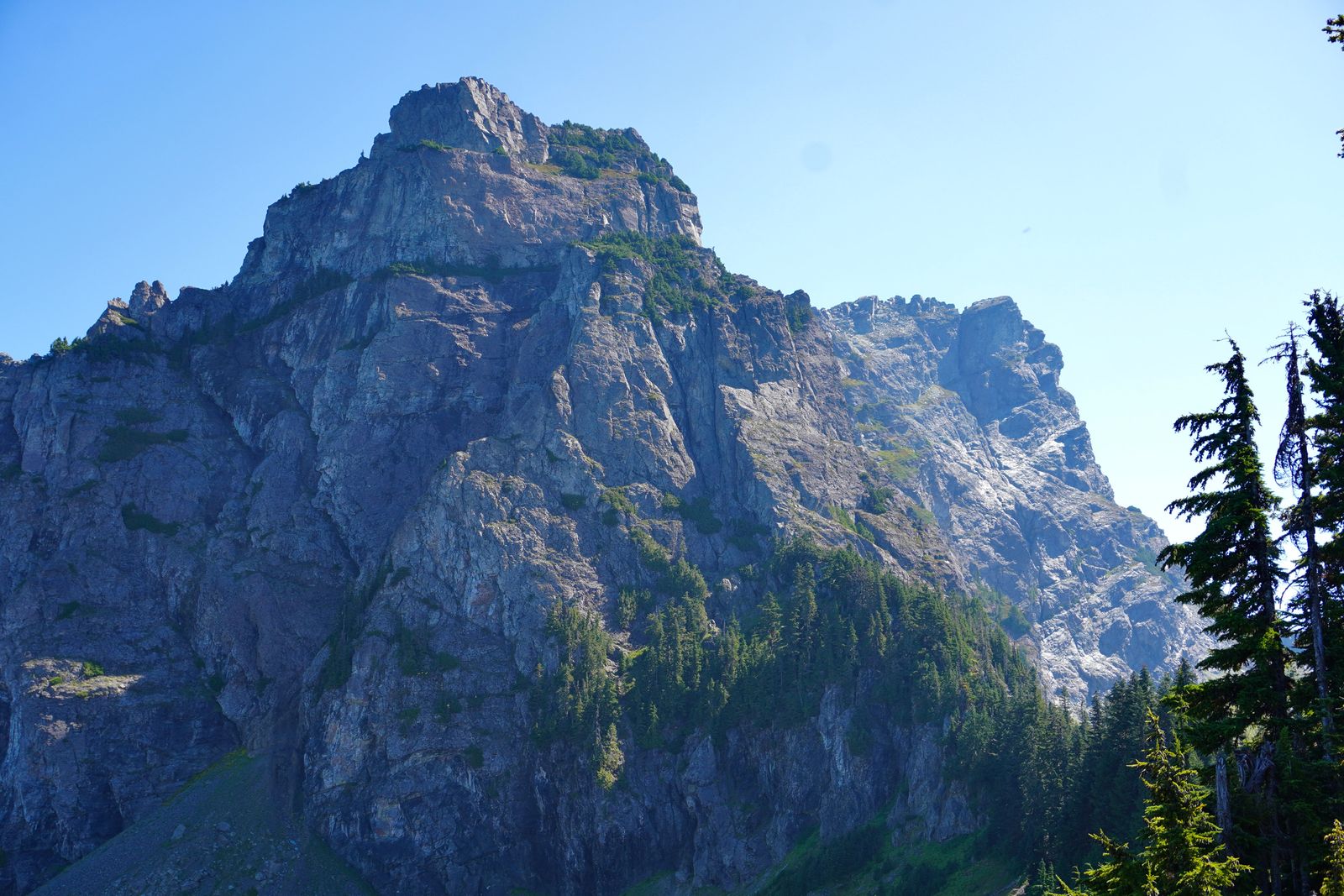 A rocky peak above tree-covered slopes, Cascades
