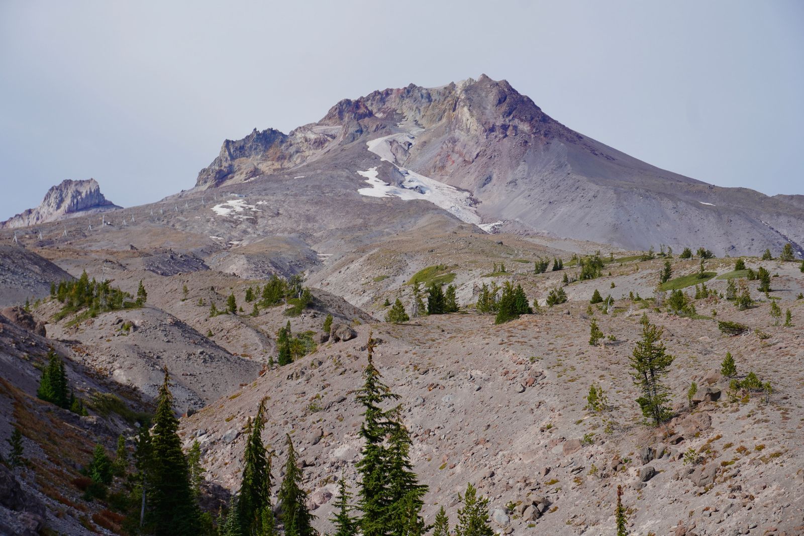 Mount Hood above rocky slopes with scattered trees and snow