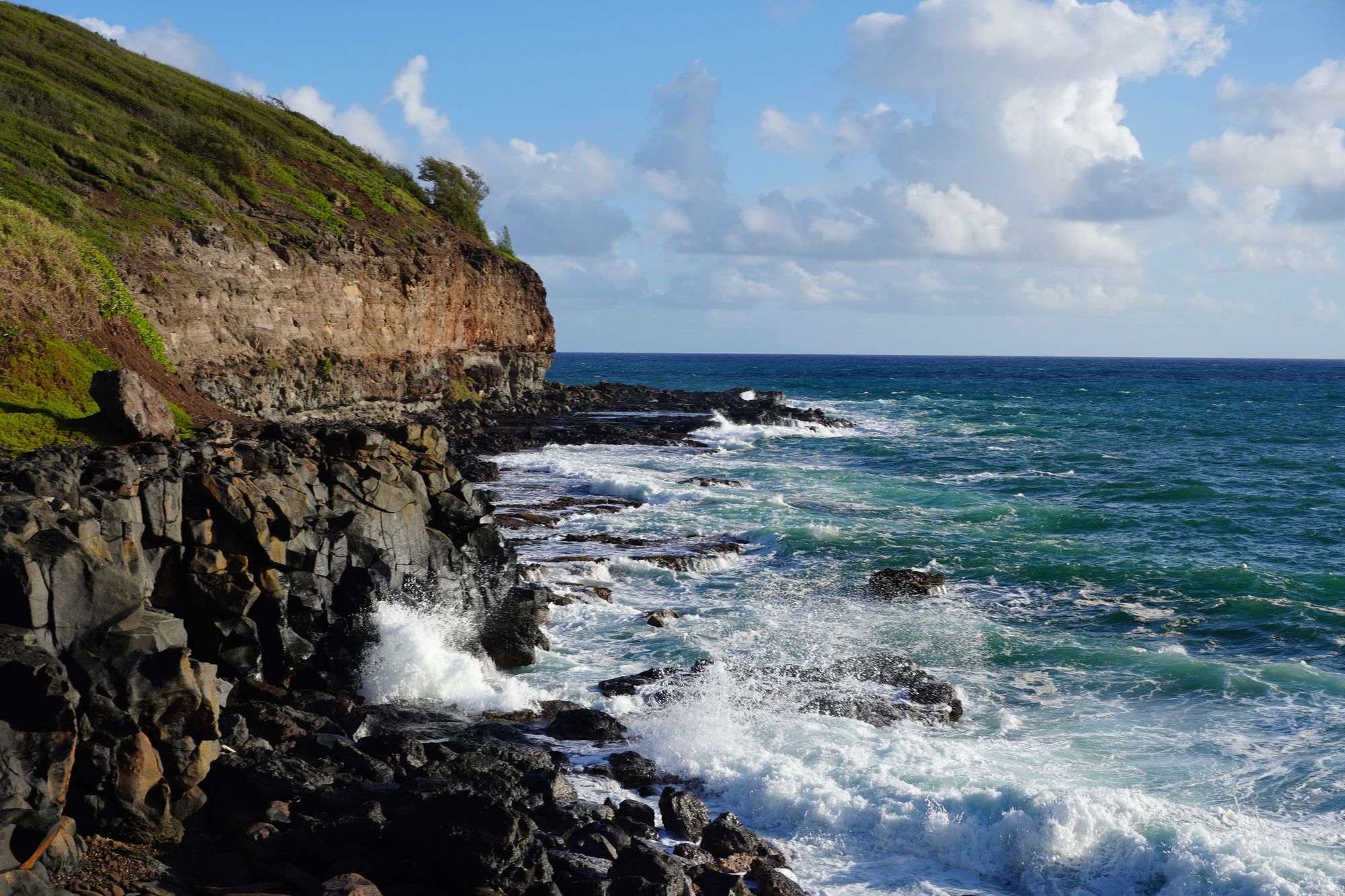 Rocky coastline with waves breaking below a green cliff, Northern Kauai