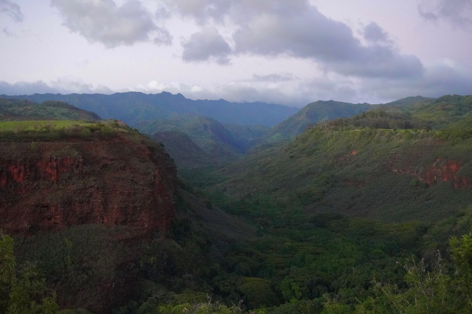 Forested ridges above a valley with red rock cliffs, Southern Kauai