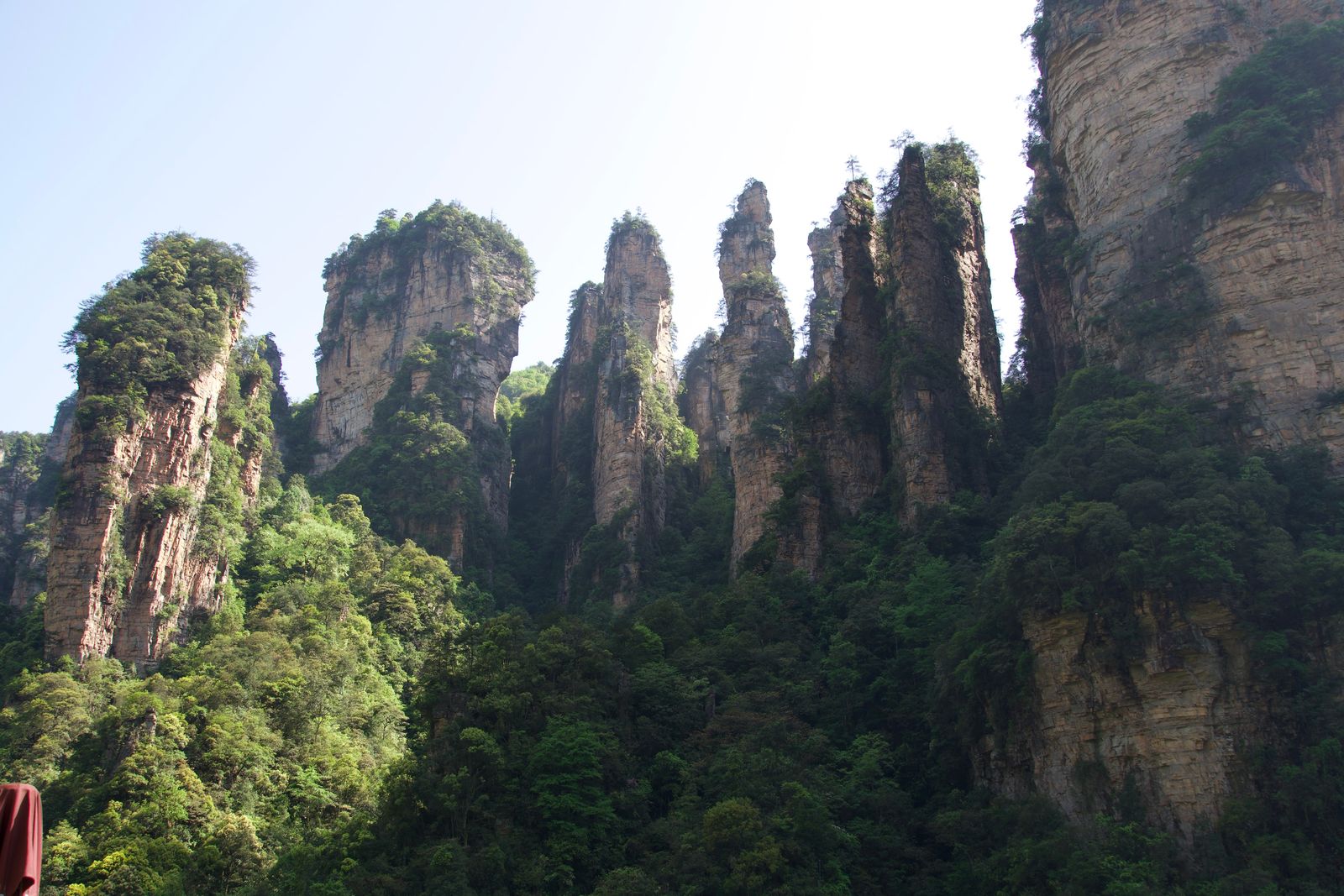 Rock pillars above densely wooded slopes beside a broad cliff, Zhangjiajie