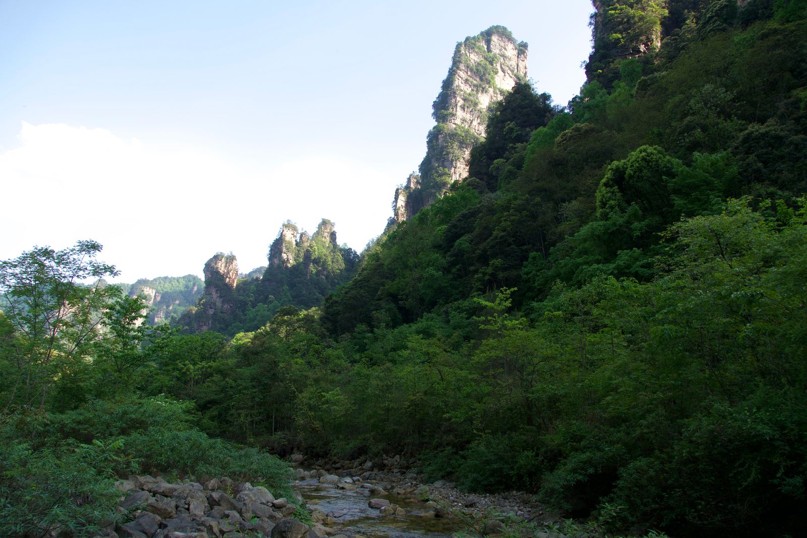 Rock pinnacles above forested slopes and a rocky stream, Zhangjiajie