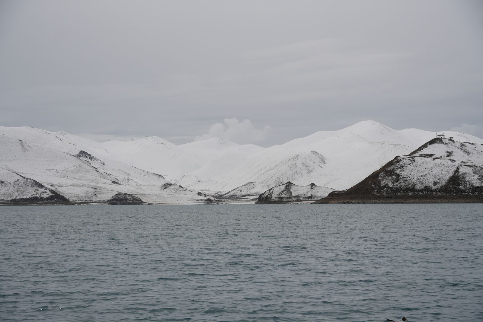 Snow-covered mountains beyond a rippled lake, Tibetan plateau