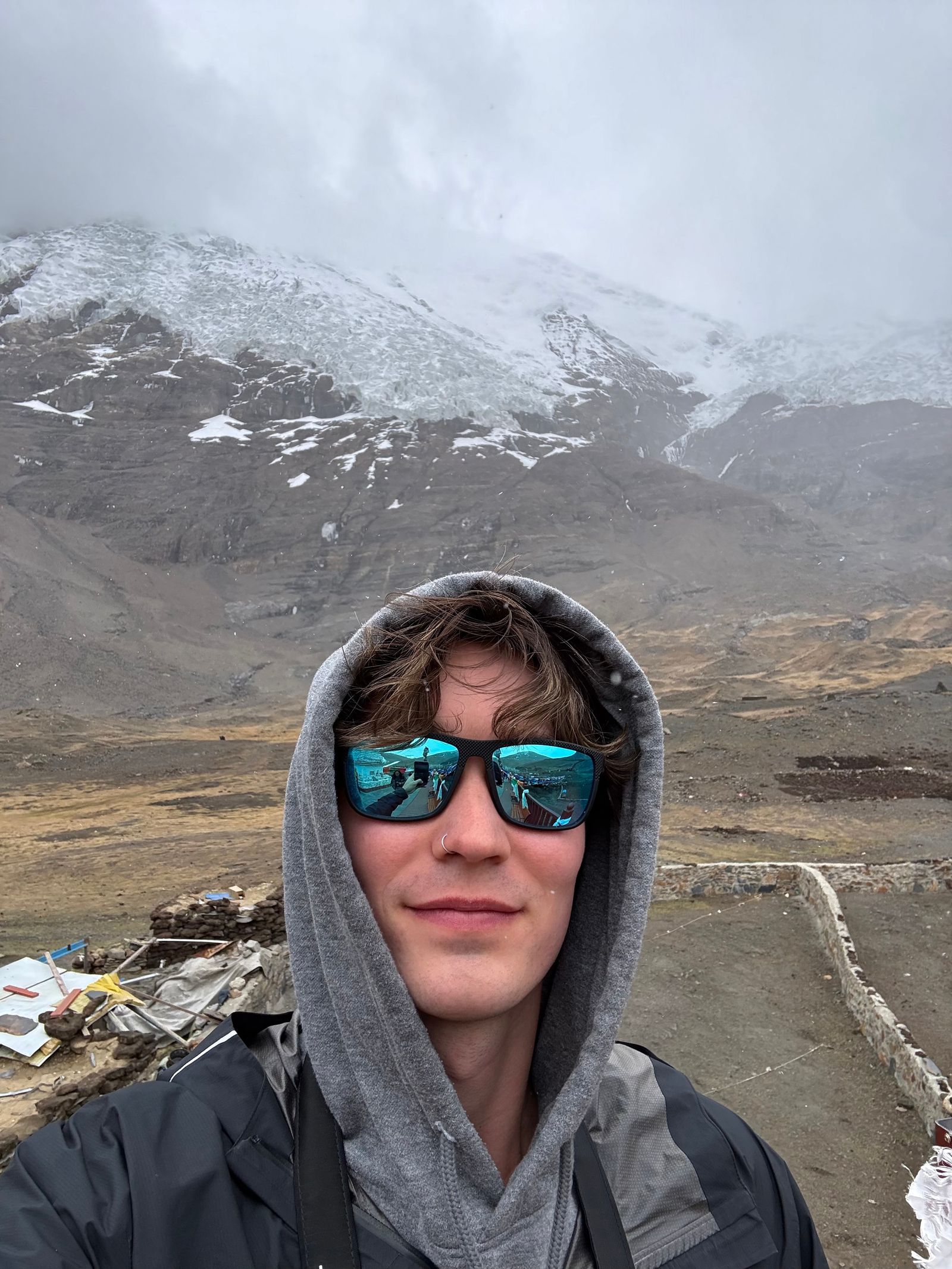 A person in a hood and sunglasses below snowy slopes, Tibetan plateau