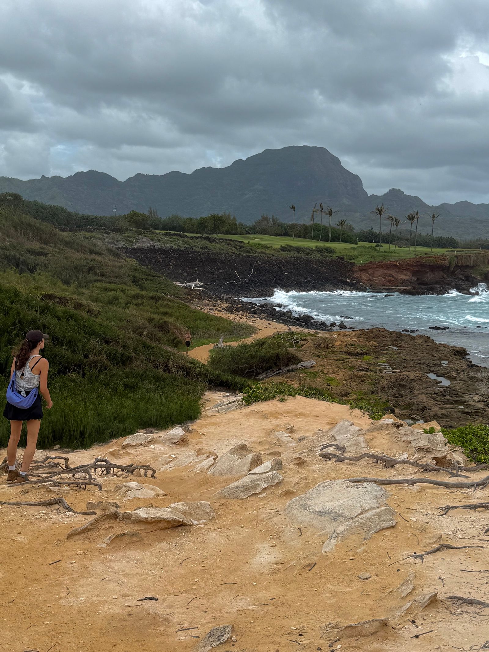 Rocky coast beside a hiking trail below dark mountain ridges, Napali Coast