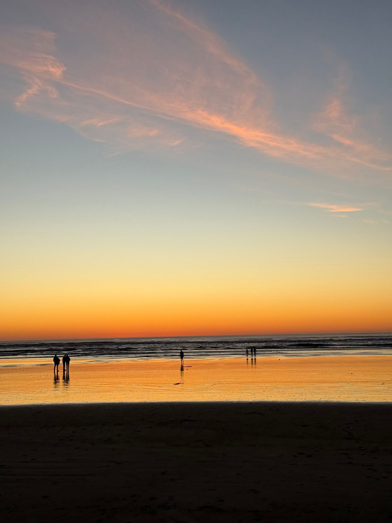 Westport beach with wet sand reflecting an orange twilight sky